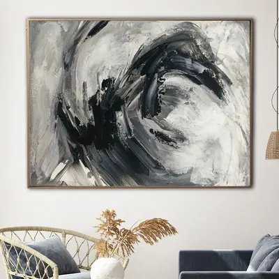 Abstract Oil Painting Canvas Black and White Wall Art Marble Canvas Art Heavy Textured Artwork Grey Painting Contemporary Wal...