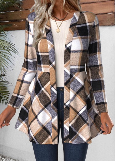 Modlily Light Coffee Plaid Long Sleeve Coat - XXL