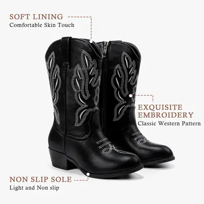 Cowgirl Boots for Little Girls Mid Calf Pointed Toe Kid Cowboy Boots Side Zipper Classic Embroidered Western Boots Horse Ridi...