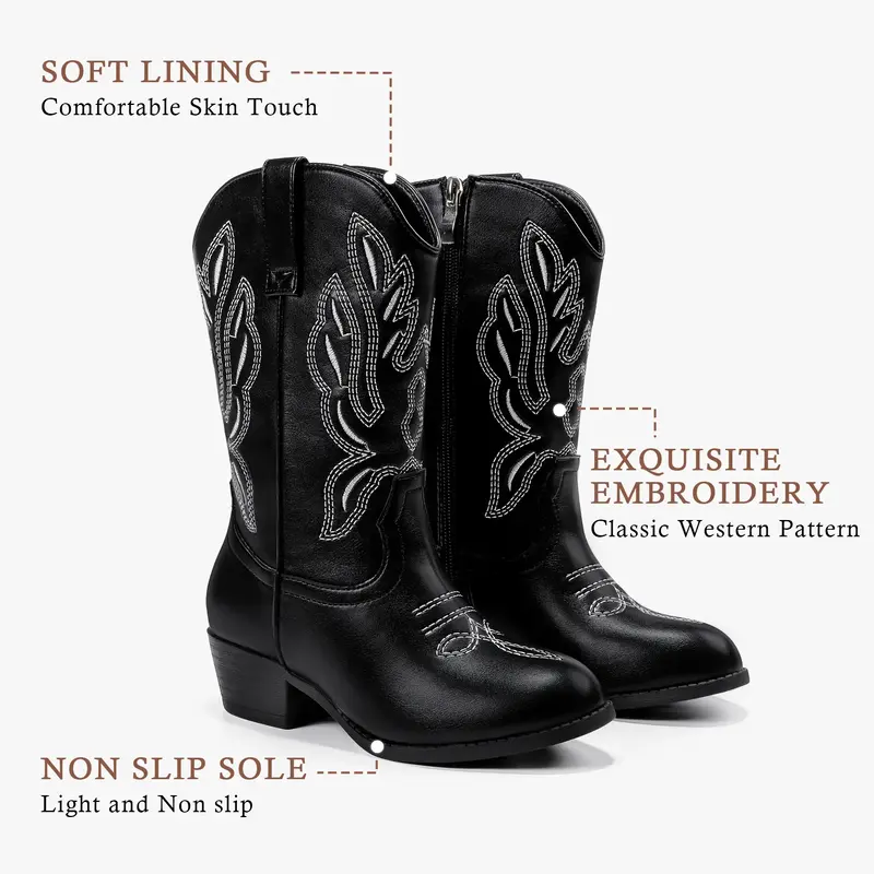 Cowgirl Boots for Little Girls Mid Calf Pointed Toe Kid Cowboy Boots Side Zipper Classic Embroidered Western Boots Horse Ridi...