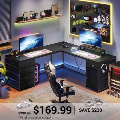 SEDETA 63 Inch L Shaped Computer Desk with Drawers and Power Outlet Black Home Office Furniture