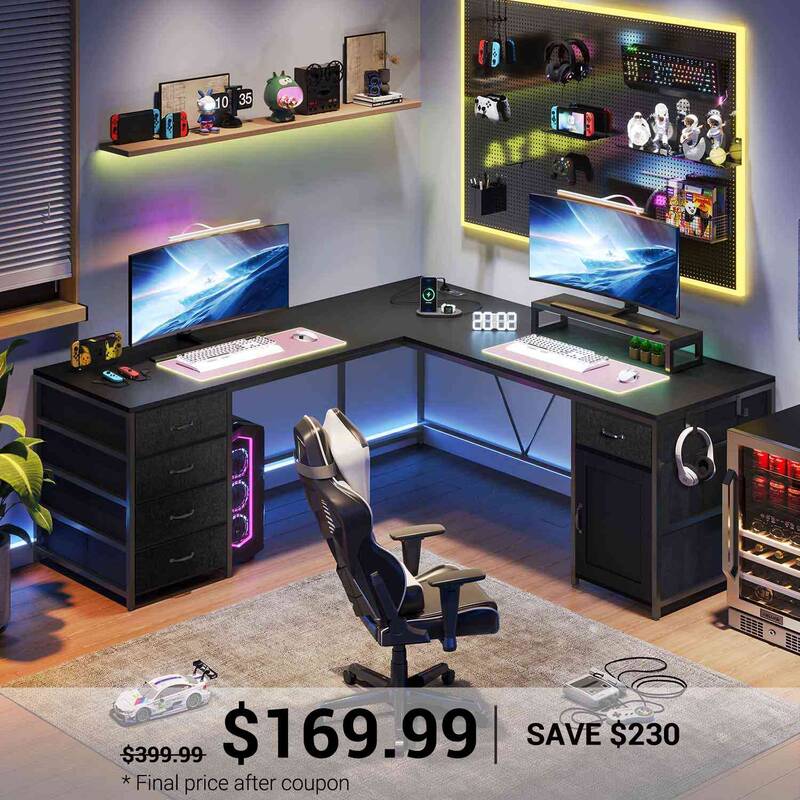 SEDETA 63 Inch L Shaped Computer Desk with Drawers and Power Outlet Black Home Office Furniture