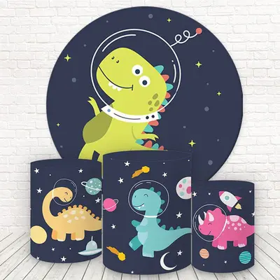 Aperturee Round Space Dinosaur Cartoon Birthday Backdrop Kit | Round Backdrop Stand Covers | Round Backdrop Cover Diy | Round...