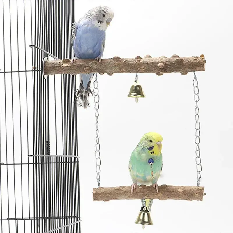 Wooden Bird Perch with Bell, Natural Wood Double Layer Bird Stand Branch for Parrot, Cockatiel, Lovebird, Parakeet, Bird Cage...