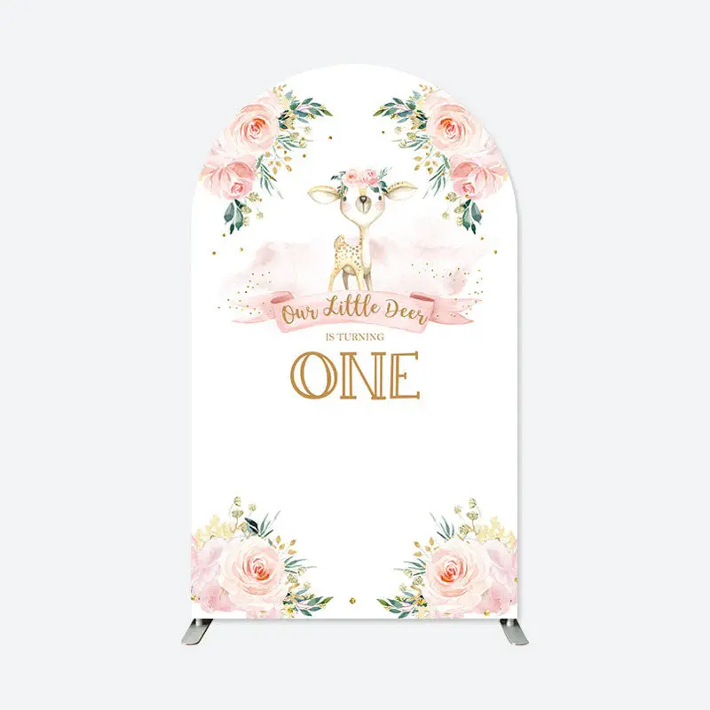 Aperturee Floral Deer One Birthday Double Sided Arch Backdrop | Circle Arch Backdrop Diy | Custom Arched Wall Covers | Chiara...
