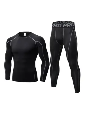 Men's Compression Tracksuit Set, Top Stitching Top & Letter Tape Leggings, Sportswear Set for Indoor Outdoor Wear, Men's Spor...