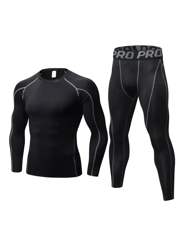 Men's Compression Tracksuit Set, Top Stitching Top & Letter Tape Leggings, Sportswear Set for Indoor Outdoor Wear, Men's Spor...