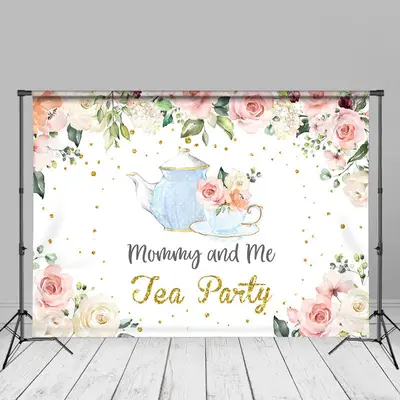 Pink Floral Cups Mothers Day Backdrop For Tea Party - Aperturee