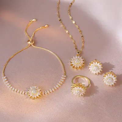 Jewelry Set, Fashion Style SUNFLOWER New Zircon Sunflower Ins Ring Rotatable Clavicle Chain Jewelry, Bracelet + Necklace + Ea...