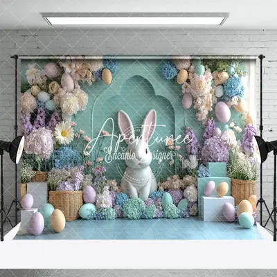 Aperturee Green Wall Bunny Colorful Floral Easter Backdrop, 3X2FT(1MX0.6M), 14 USD, easter backdrops, ENHD3J35-M