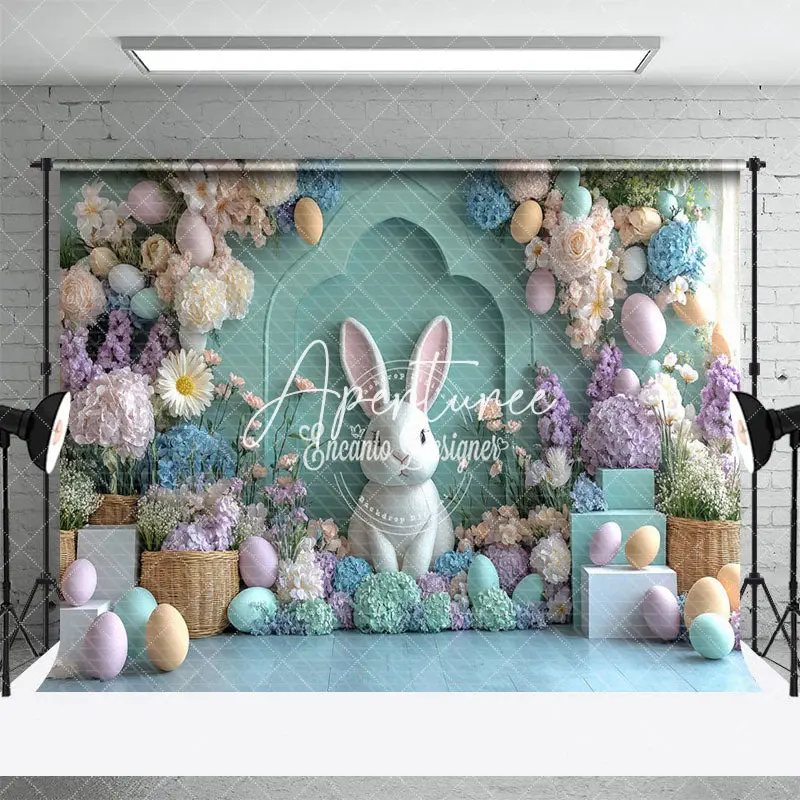 Aperturee Green Wall Bunny Colorful Floral Easter Backdrop, 3X2FT(1MX0.6M), 14 USD, easter backdrops, ENHD3J35-M