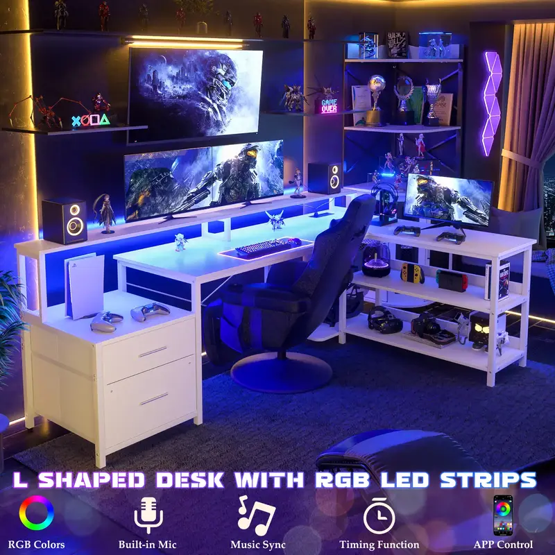 Cyclysio L Shaped Desk with File Drawer, 72.8 Reversible L Shaped Computer Desk with Power Outlet & LED Strip, Gaming Desk ...