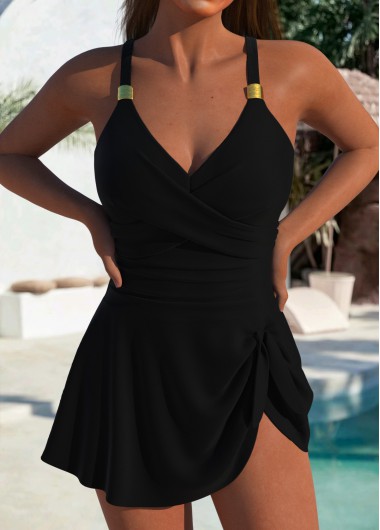 Modlily Black V Neck One Piece Swimdress - L