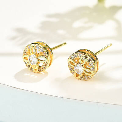 Flat Round Brass Micro Pave Clear Cubic Zirconia Stud Earrings