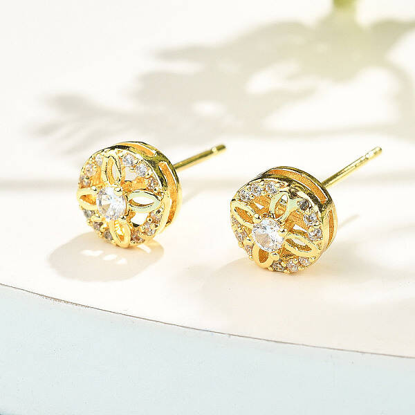Flat Round Brass Micro Pave Clear Cubic Zirconia Stud Earrings