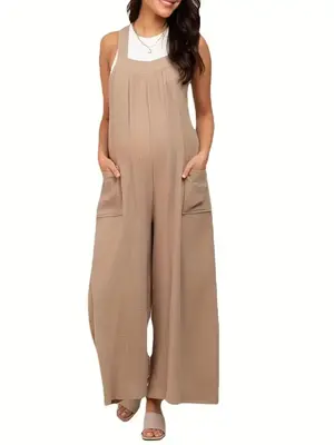 Solid Pocket Wide Leg Maternity Jumpsuit, Casual Comfy Sleeveless Jumpsuit for Summer, Maternity Clothes for Daily Wear