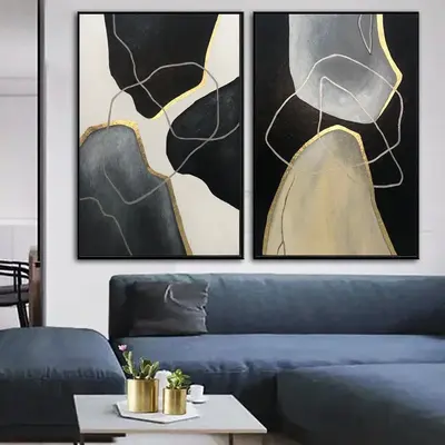Oversize Abstract Paintings On Canvas Black And White Wall Art Set Of 2 Acrylic Painting for Hotel Wall Decor | MOVEMENT OF S...