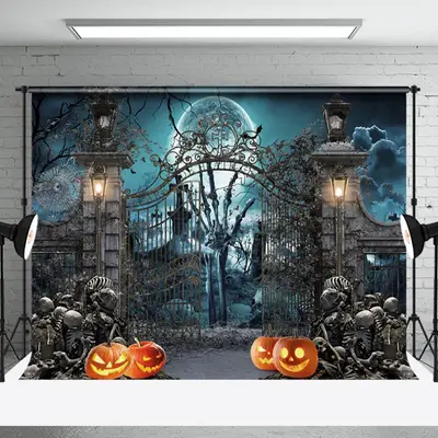 Aperturee Moon Night Skeleton Pumpkin Grave Halloween Backdrop - Aperturee