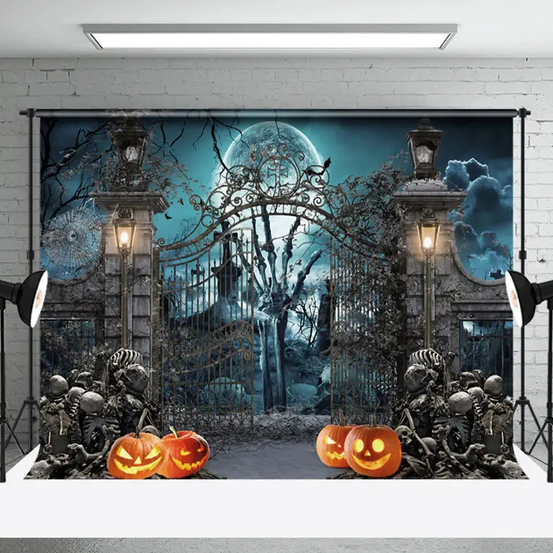 Aperturee Moon Night Skeleton Pumpkin Grave Halloween Backdrop - Aperturee