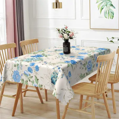 Blue Floral Green Leaves Spring Rectangle Tablecloth - Aperturee