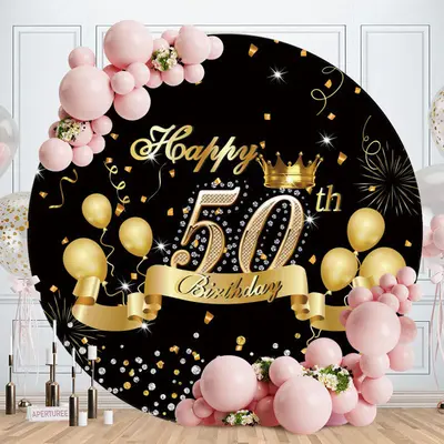 Aperturee Round Gold Balloons 50Th Birthday Backdrop For Party | Circle Party Backdrop | Birthday Backdrop Ideas | Happy Birt...