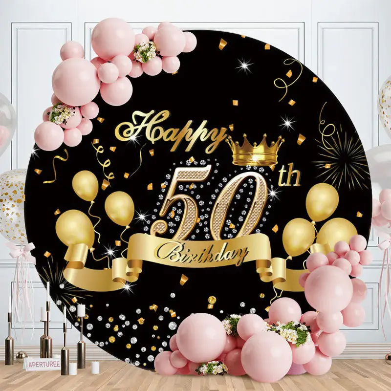 Aperturee Round Gold Balloons 50Th Birthday Backdrop For Party | Circle Party Backdrop | Birthday Backdrop Ideas | Happy Birt...