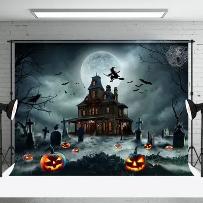 Tomb Manor Witch Moon Night Pumpkin Happy Halloween Backdrop
