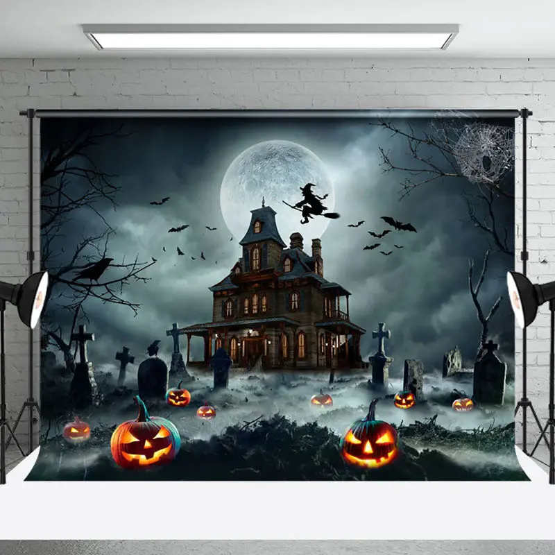 Tomb Manor Witch Moon Night Pumpkin Happy Halloween Backdrop