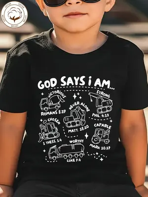 Boys' T-shirt with minimalist engineering car pattern and letter print, soft and versatile round neck short sleeves