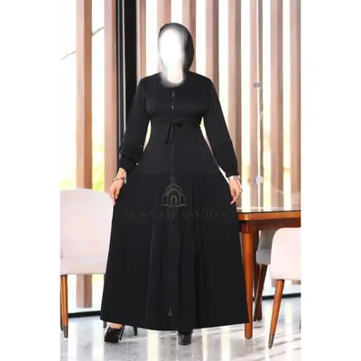 Waist Fitted Black Abaya - Elegant Zip Up