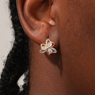 Elegant Brass Pave Clear Cubic Zirconia Clover Hoop Earrings