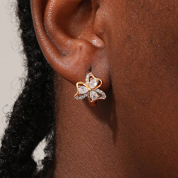 Elegant Brass Pave Clear Cubic Zirconia Clover Hoop Earrings