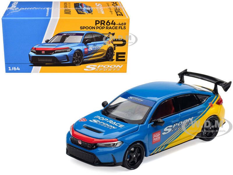 Honda Civic Type R FL5 Spoon Sports Blue and Yellow Tokyo Auto Salon - Hong Kong 2025 1/64 Diecast Model Car by Pop Race
