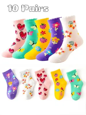 10 Pairs Girl Cartoon Socks, Cute Flowers Fruit Butterfly Design, Soft Comfortable Kids Socks, All Seasons Use, Perfect Gift ...