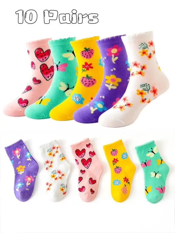 10 Pairs Girl Cartoon Socks, Cute Flowers Fruit Butterfly Design, Soft Comfortable Kids Socks, All Seasons Use, Perfect Gift ...