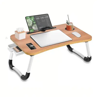 Foldable Laptop Bed Table Multi-function Lap Bed Tray Table with Storage Drawer and Water Bottle Holder, Serving Tray Dining ...