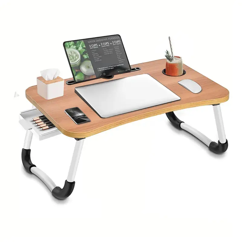 Foldable Laptop Bed Table Multi-function Lap Bed Tray Table with Storage Drawer and Water Bottle Holder, Serving Tray Dining ...