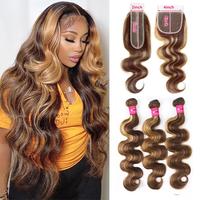 New Arrival 2x6 Highlight Lace Closure With Bundles Honey Blonde Body Wave Bundles With Closure 4x4 inch Ombre Colored Human ...
