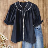 SageVell Solid Color Embroidered Blouse with Round Collar & Ruffled Cuffs Blouse,White Zigzag Embroidery Detail Top