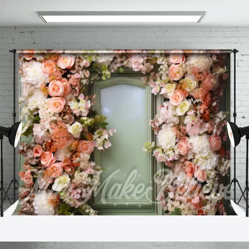 Colorful Flowers Light Green Door Floral Backdrop - Aperturee