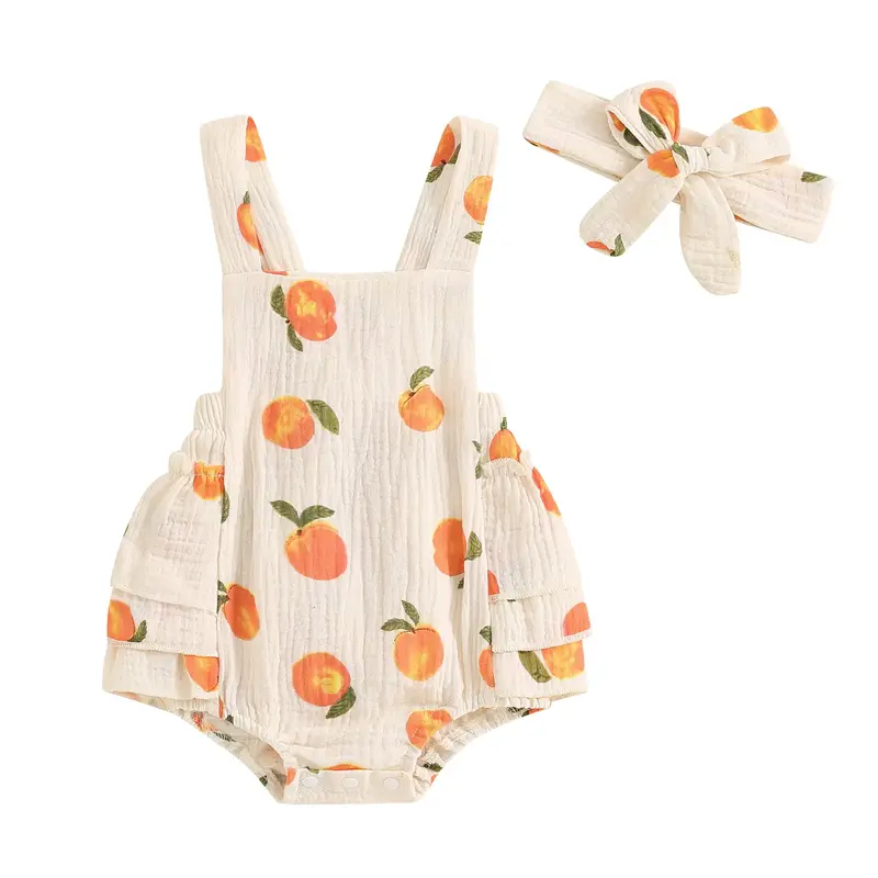 Baby Toddler Girls Summer Romper 6 12 18 24 Months Peach Print Sleeveless Square Neck Side Tiered Ruffled Jumpsuit with Bow H...