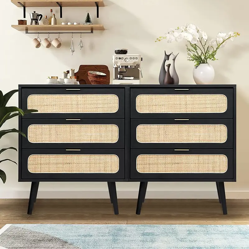 Giratree 2 Set Drawer Dresser, Rattan Chest of Drawers with 3 Drawer Dresser, Decorative Storage Cabinet, Modern Nightstand f...