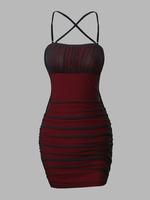 Mesh Ruched Spaghetti Strap Criss Cross Backless Mini Bodycon Cami Dress