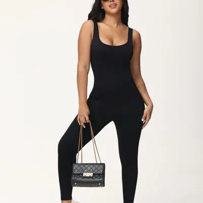 MORAZO Women's Solid Color Sleeveless Jumpsuit, Seamless Comfortable Shapewear, Square Neck Backless Sports Jumpsuit, Body Sc...