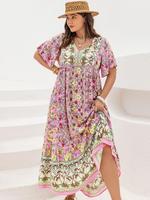 Plus Size Patchwork Floral Print Tie Neck Contrast Lace Ruffle Hem Long Dress, Boho Butterfly Sleeve Smock Dress, Ladies Summ...