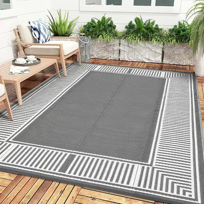 Garvee Reversible Waterproof Outdoor Rug 9x18ft - Modern Grey & White Plastic Straw Mat - UV Resistant, Easy Clean, Collapsib...