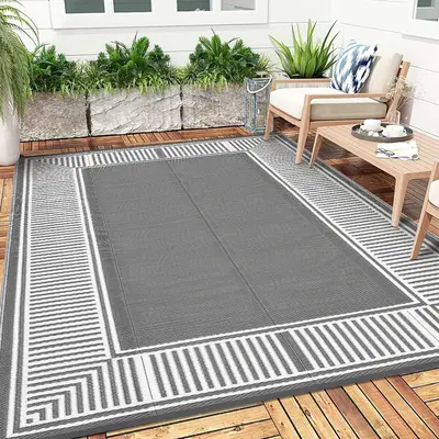 Garvee Reversible Waterproof Outdoor Rug 9x18ft - Modern Grey & White Plastic Straw Mat - UV Resistant, Easy Clean, Collapsib...