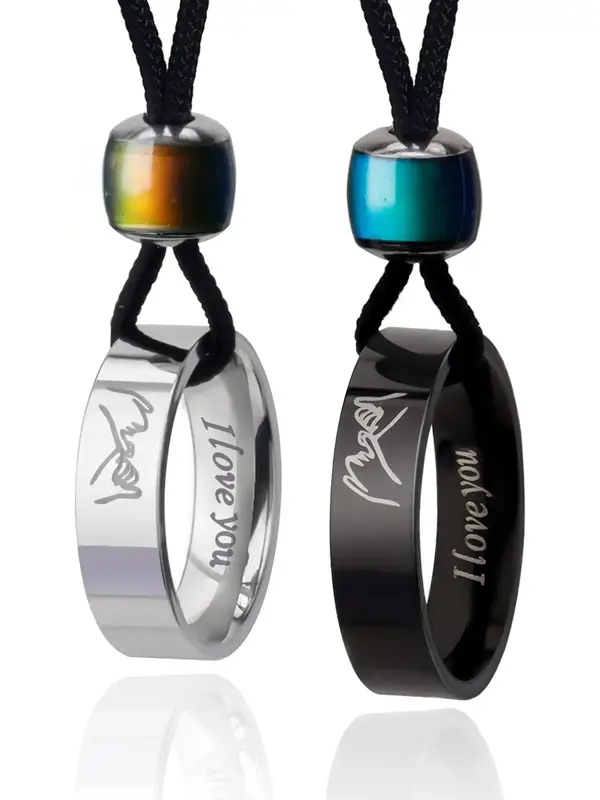 I Love You Design Couple's Ring Pendant Couple Necklace, Letters Pattern Necklace, Fashion Necklace for Daily Wear, Trendy Al...