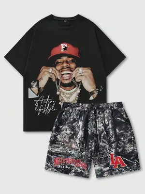 Two-Piece Set Men's Regular Fit Figure & Letter Print Tee & Pocket Shorts Set, Drop Shoulder Short Sleeve T-shirt & Track Sho...