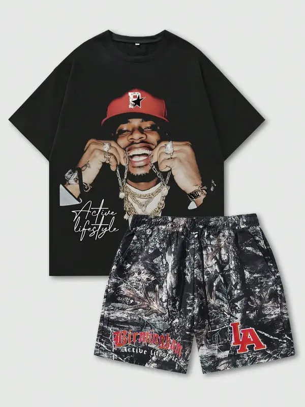 Two-Piece Set Men's Regular Fit Figure & Letter Print Tee & Pocket Shorts Set, Drop Shoulder Short Sleeve T-shirt & Track Sho...